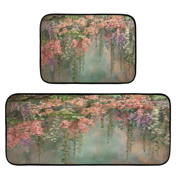 2-Piece Kitchen Rugs Set Non-Slip Mats Carpet Floor for Kitchen, Bathroom (19.7"x27.6" & 19.7"x47.2") Enchanted Flowers Painting