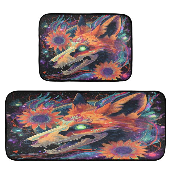 2-Piece Kitchen Rugs Set Non-Slip Mats Carpet Floor for Kitchen, Bathroom (19.7"x27.6" & 19.7"x47.2") Fox Skull