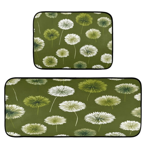 2-Piece Kitchen Rugs Set Non-Slip Mats Carpet Floor for Kitchen, Bathroom (19.7"x27.6" & 19.7"x47.2") Green Dandelions Pattern