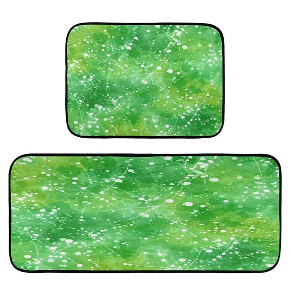 2-Piece Kitchen Rugs Set Non-Slip Mats Carpet Floor for Kitchen, Bathroom (19.7"x27.6" & 19.7"x47.2") Green Ink Splatter Pattern