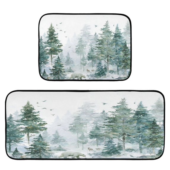 2-Piece Kitchen Rugs Set Non-Slip Mats Carpet Floor for Kitchen, Bathroom (19.7"x27.6" & 19.7"x47.2") Green Snowy Forest Scene