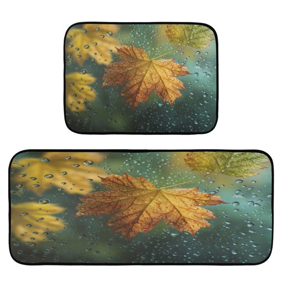 2-Piece Kitchen Rugs Set Non-Slip Mats Carpet Floor for Kitchen, Bathroom (19.7"x27.6" & 19.7"x47.2") Leaves with Water Droplets