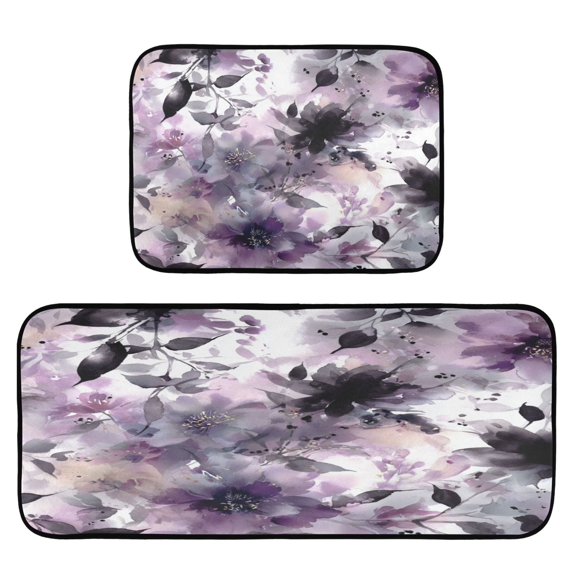 2-Piece Kitchen Rugs Set Non-Slip Mats Carpet Floor for Kitchen, Bathroom (19.7"x27.6" & 19.7"x47.2") Light Purple and Black Floral