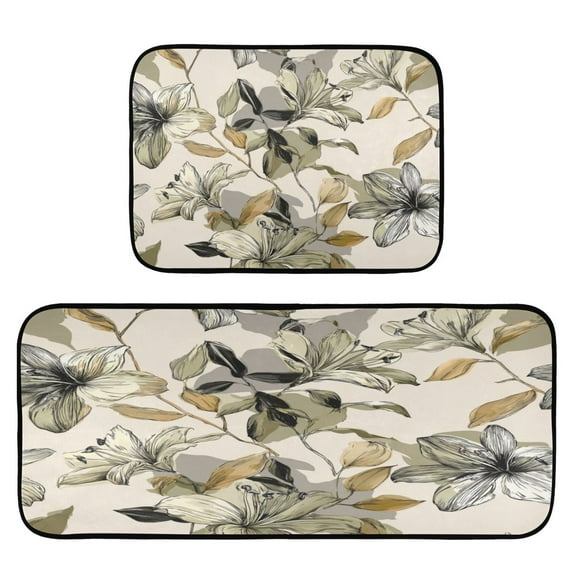 2-Piece Kitchen Rugs Set Non-Slip Mats Carpet Floor for Kitchen, Bathroom (19.7"x27.6" & 19.7"x47.2") Lily Motifs Pattern