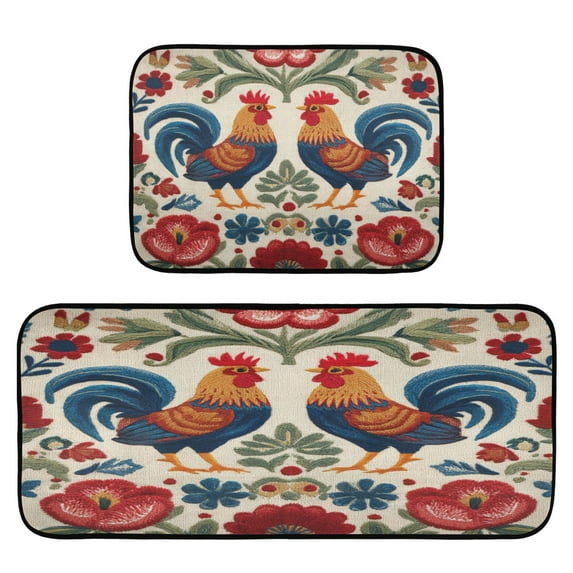 2-Piece Kitchen Rugs Set Non-Slip Mats Carpet Floor for Kitchen, Bathroom (19.7"x27.6" & 19.7"x47.2") Male and Female Chickens