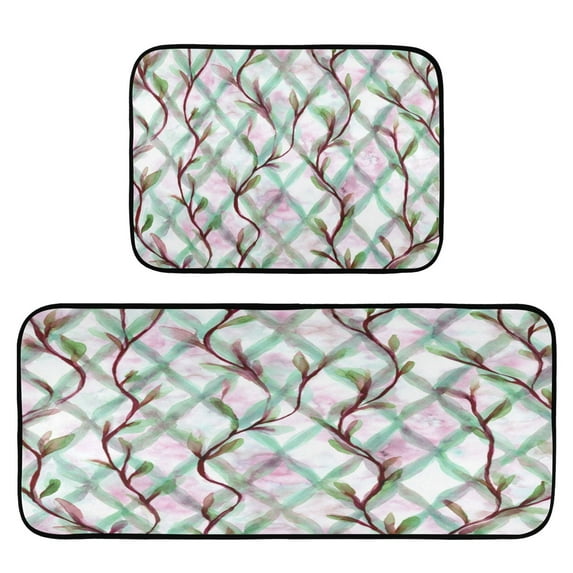 2-Piece Kitchen Rugs Set Non-Slip Mats Carpet Floor for Kitchen, Bathroom (19.7"x27.6" & 19.7"x47.2") Mint Green Vines