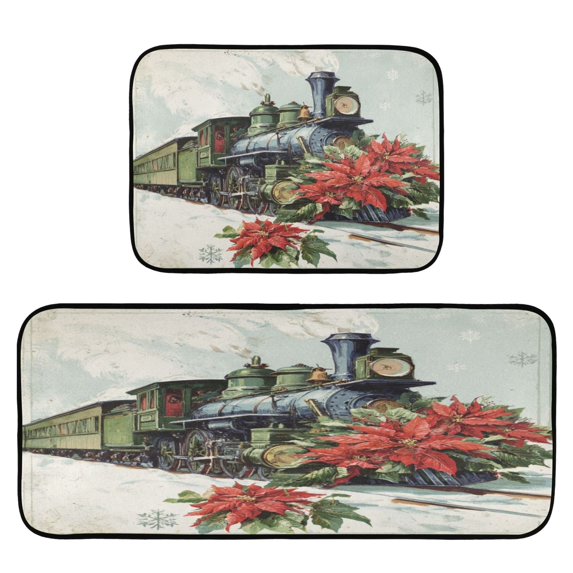 2-Piece Kitchen Rugs Set Non-Slip Mats Carpet Floor for Kitchen, Bathroom (19.7"x27.6" & 19.7"x47.2") Old Train with Flowers