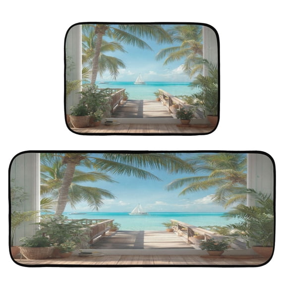 2-Piece Kitchen Rugs Set Non-Slip Mats Carpet Floor for Kitchen, Bathroom (19.7"x27.6" & 19.7"x47.2") Palm Trees and Ocean