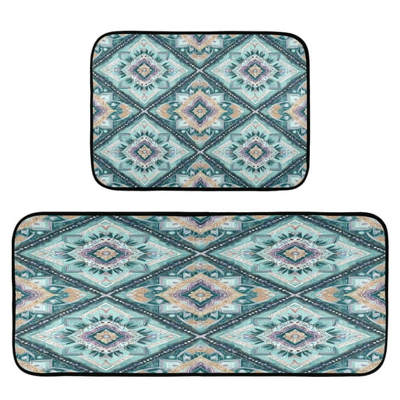 2-Piece Kitchen Rugs Set Non-Slip Mats Carpet Floor for Kitchen, Bathroom (19.7"x27.6" & 19.7"x47.2") Pastel Blue Shape Pattern