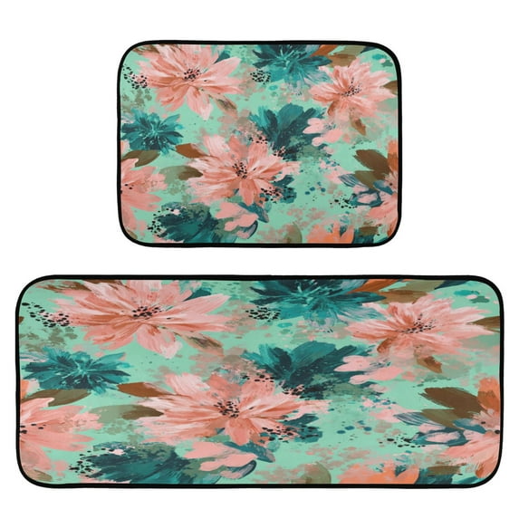 2-Piece Kitchen Rugs Set Non-Slip Mats Carpet Floor for Kitchen, Bathroom (19.7"x27.6" & 19.7"x47.2") Pink Abstract Floral Patterns