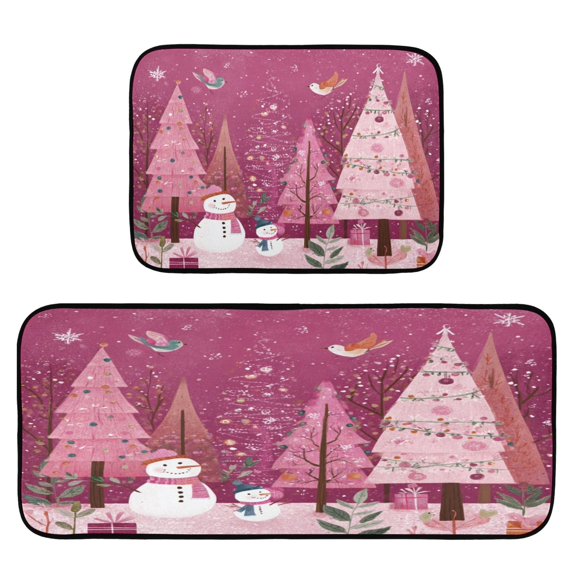 2-Piece Kitchen Rugs Set Non-Slip Mats Carpet Floor for Kitchen, Bathroom (19.7"x27.6" & 19.7"x47.2") Pink Christmas Forest