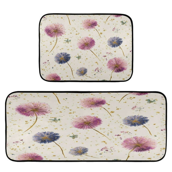 2-Piece Kitchen Rugs Set Non-Slip Mats Carpet Floor for Kitchen, Bathroom (19.7"x27.6" & 19.7"x47.2") Pink and Purple Dandelions