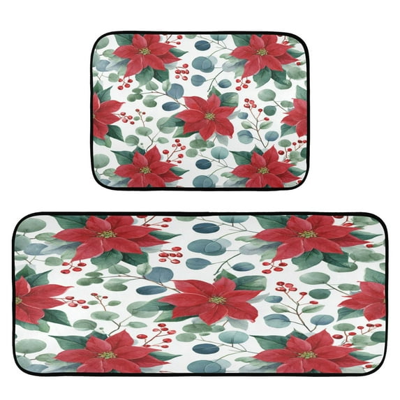 2-Piece Kitchen Rugs Set Non-Slip Mats Carpet Floor for Kitchen, Bathroom (19.7"x27.6" & 19.7"x47.2") Red Berries and Flowers