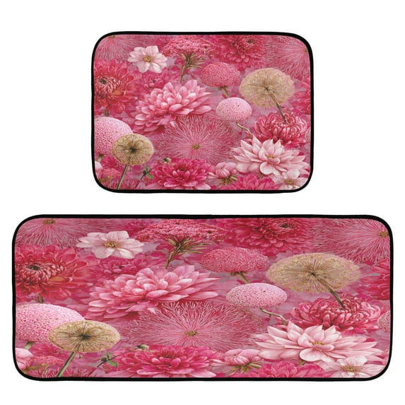 2-Piece Kitchen Rugs Set Non-Slip Mats Carpet Floor for Kitchen, Bathroom (19.7"x27.6" & 19.7"x47.2") Red Chrysanthemum and Dandelion