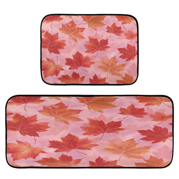 2-Piece Kitchen Rugs Set Non-Slip Mats Carpet Floor for Kitchen, Bathroom (19.7"x27.6" & 19.7"x47.2") Red Maple Leaf Pattern