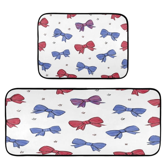2-Piece Kitchen Rugs Set Non-Slip Mats Carpet Floor for Kitchen, Bathroom (19.7"x27.6" & 19.7"x47.2") Red and Blue Stripe Bows