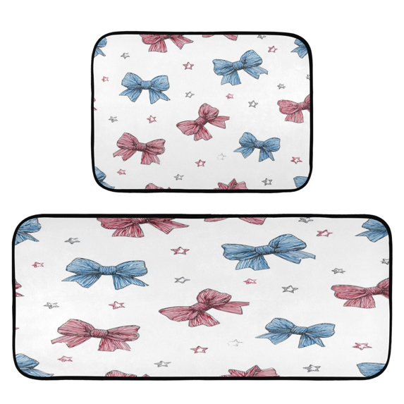 2-Piece Kitchen Rugs Set Non-Slip Mats Carpet Floor for Kitchen, Bathroom (19.7"x27.6" & 19.7"x47.2") Red and Blue Stripes Bows