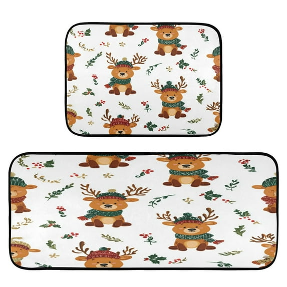 2-Piece Kitchen Rugs Set Non-Slip Mats Carpet Floor for Kitchen, Bathroom (19.7"x27.6" & 19.7"x47.2") Reindeer with Scarf Pattern