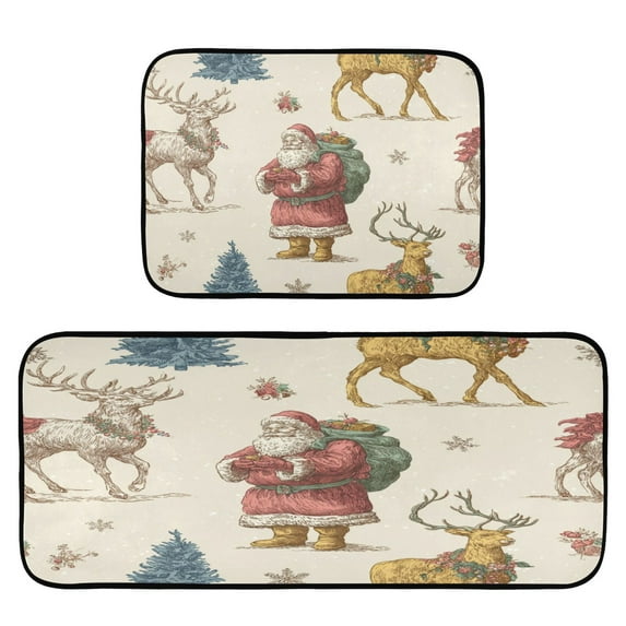 2-Piece Kitchen Rugs Set Non-Slip Mats Carpet Floor for Kitchen, Bathroom (19.7"x27.6" & 19.7"x47.2") Retro Santa Claus and Reindeer