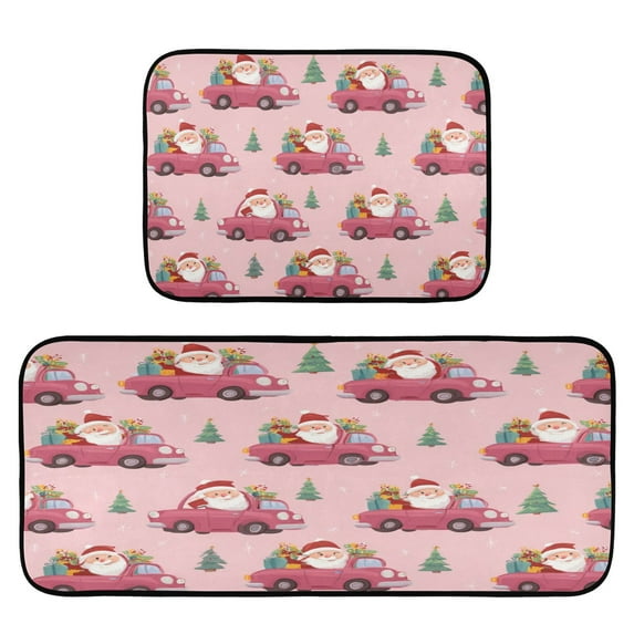 2-Piece Kitchen Rugs Set Non-Slip Mats Carpet Floor for Kitchen, Bathroom (19.7"x27.6" & 19.7"x47.2") Santa Claus Driving in Red Cars