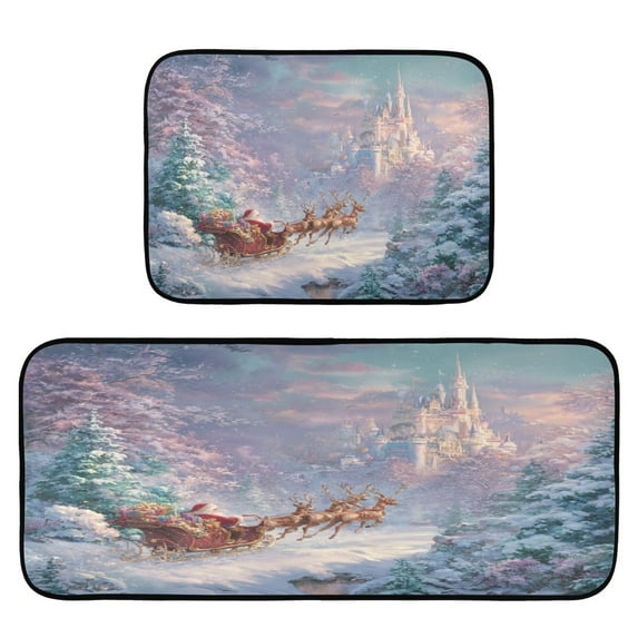 2-Piece Kitchen Rugs Set Non-Slip Mats Carpet Floor for Kitchen, Bathroom (19.7"x27.6" & 19.7"x47.2") Santa Claus in Sleigh