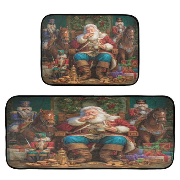2-Piece Kitchen Rugs Set Non-Slip Mats Carpet Floor for Kitchen, Bathroom (19.7"x27.6" & 19.7"x47.2") Santa Eating Cookies
