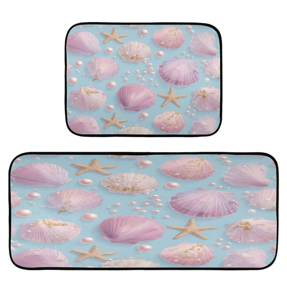 2-Piece Kitchen Rugs Set Non-Slip Mats Carpet Floor for Kitchen, Bathroom (19.7"x27.6" & 19.7"x47.2") Seashells and Pearls Pattern