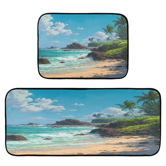 2-Piece Kitchen Rugs Set Non-Slip Mats Carpet Floor for Kitchen, Bathroom (19.7"x27.6" & 19.7"x47.2") Serene Beach Scene