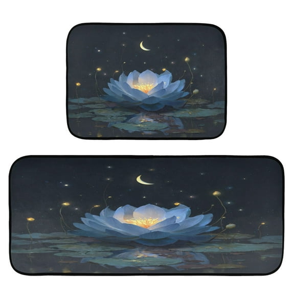 2-Piece Kitchen Rugs Set Non-Slip Mats Carpet Floor for Kitchen, Bathroom (19.7"x27.6" & 19.7"x47.2") Serene Blue Lotus Flower