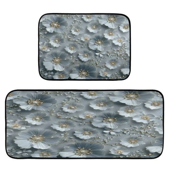 2-Piece Kitchen Rugs Set Non-Slip Mats Carpet Floor for Kitchen, Bathroom (19.7"x27.6" & 19.7"x47.2") Silver Flowers Pattern