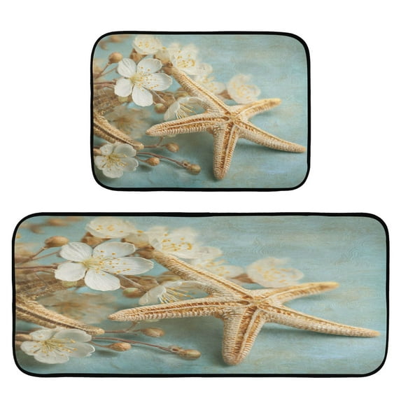 2-Piece Kitchen Rugs Set Non-Slip Mats Carpet Floor for Kitchen, Bathroom (19.7"x27.6" & 19.7"x47.2") Starfish with Flowers