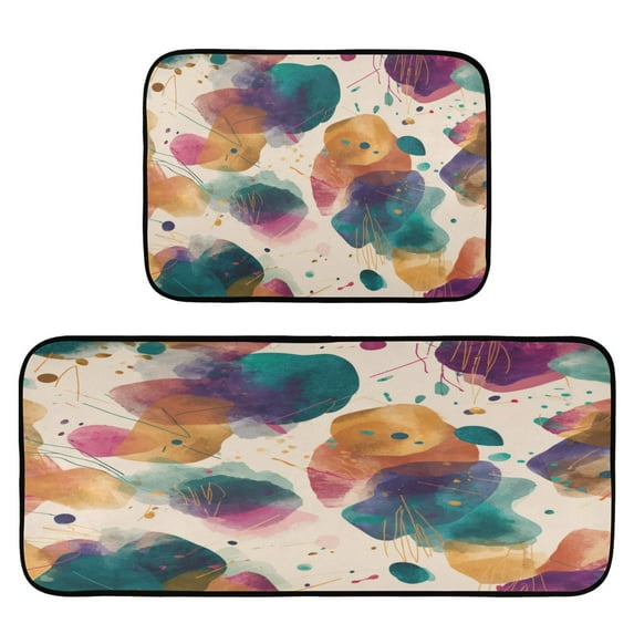2-Piece Kitchen Rugs Set Non-Slip Mats Carpet Floor for Kitchen, Bathroom (19.7"x27.6" & 19.7"x47.2") Teal and Orange Abstract Shapes