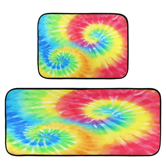 2-Piece Kitchen Rugs Set Non-Slip Mats Carpet Floor for Kitchen, Bathroom (19.7"x27.6" & 19.7"x47.2") Tie-dyed Colorful Spiral Pattern