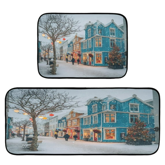2-Piece Kitchen Rugs Set Non-Slip Mats Carpet Floor for Kitchen, Bathroom (19.7"x27.6" & 19.7"x47.2") Town in Winter