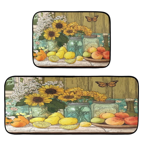 2-Piece Kitchen Rugs Set Non-Slip Mats Carpet Floor for Kitchen, Bathroom (19.7"x27.6" & 19.7"x47.2") Vase and Fruit Pattern