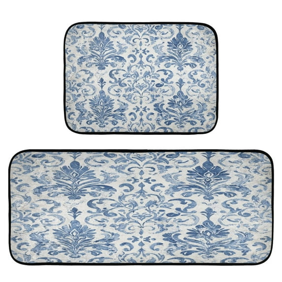 2-Piece Kitchen Rugs Set Non-Slip Mats Carpet Floor for Kitchen, Bathroom (19.7"x27.6" & 19.7"x47.2") Vintage Watercolor Floral Pattern
