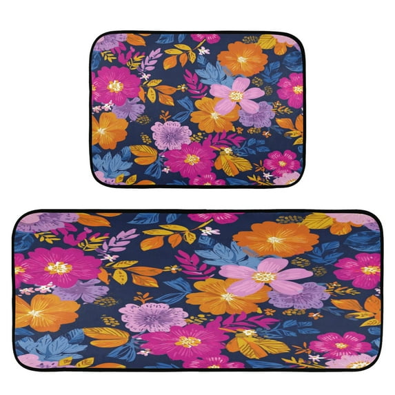 2-Piece Kitchen Rugs Set Non-Slip Mats Carpet Floor for Kitchen, Bathroom (19.7"x27.6" & 19.7"x47.2") Vividly Colored Flowers