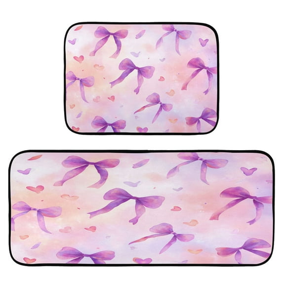 2-Piece Kitchen Rugs Set Non-Slip Mats Carpet Floor for Kitchen, Bathroom (19.7"x27.6" & 19.7"x47.2") Watercolor Purple Bows