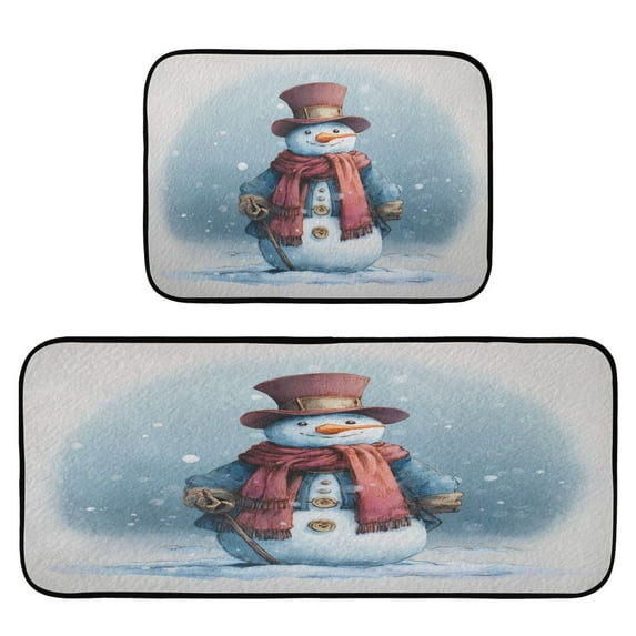 2-Piece Kitchen Rugs Set Non-Slip Mats Carpet Floor for Kitchen, Bathroom (19.7"x27.6" & 19.7"x47.2") Watercolor-style Snowman Pattern