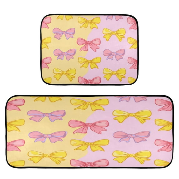 2-Piece Kitchen Rugs Set Non-Slip Mats Carpet Floor for Kitchen, Bathroom (19.7"x27.6" & 19.7"x47.2") Yellow and Pink Bows