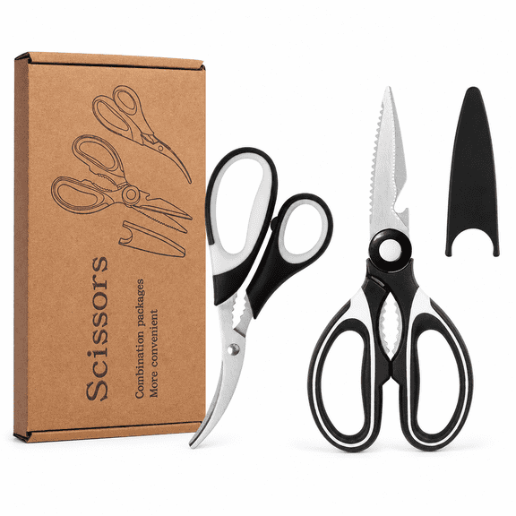 2-Piece Kitchen Scissors Set with Curved Shrimp Deveiner Scissors, Multipurpose Food Shears with Blade Cover for Seafood, Poultry, Fish and Herbs, Black and White