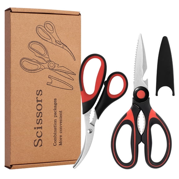 2-Piece Kitchen Scissors Set with Curved Shrimp Deveiner Scissors, Multipurpose Stainless Steel Food Shears with Blade Cover for Poultry, Fish and Seafood, Red and Black