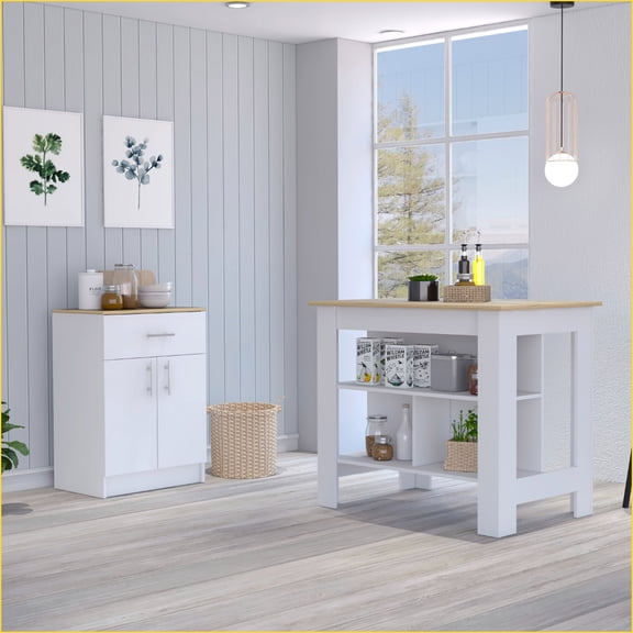 2-Piece Kitchen Set: Island + Pantry Cabinet, White/Light Oak | White | Particle Board