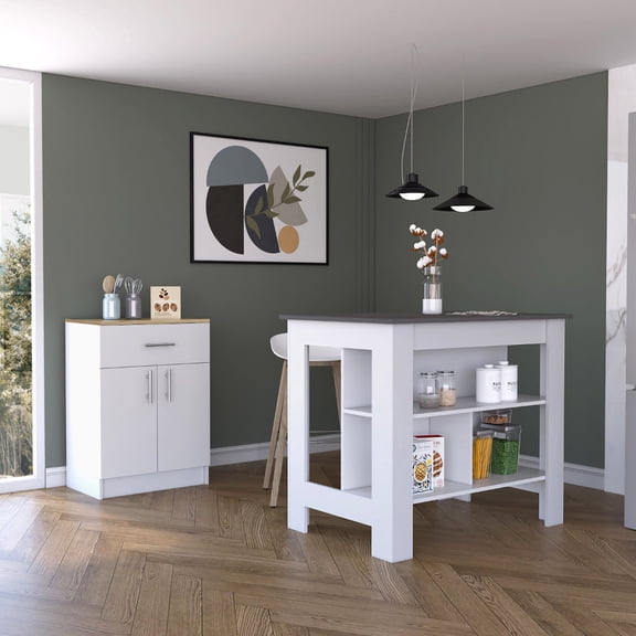 2 Piece Kitchen In White - Island And Cabinet. Effortless Assembly With Interlocking. Precisely Positioned Pre-drilled Holes. Clear Instructions Supplied. Particle Board. 27.98" D, 41.4" W, 34.64"