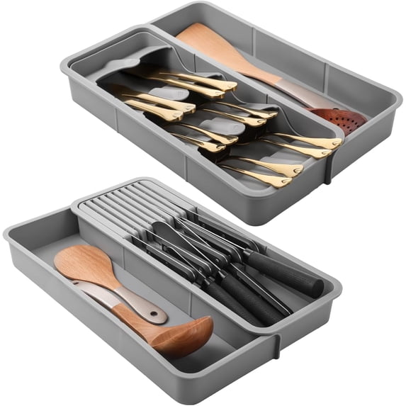 2 Piece Knife Silverware Drawer Organizer Compact Utensil Storage Tray Kitchen Accessory