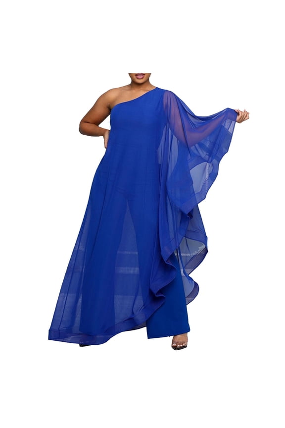 2 Piece Knit Loungewear Jumpsuits for Women One Shoulder Evening Cocktail Semi Formal Maxi Dress Pants 2 Piece Vacation Suit Set S-111 Blue L