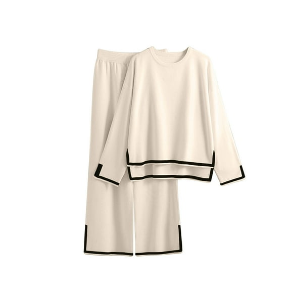 2 Piece Knit Outfits Womens Split Hem Long Sleeve Crew Neck Sweater Pullover Top Wide Leg Pant Sets Dressy Casual (Medium, White)
