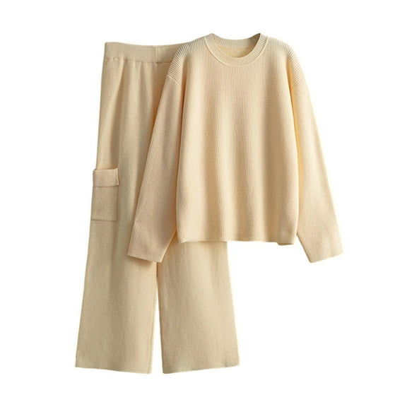 2 Piece Knit Outfits for Women Fall Pockets Loose Sweaters and Wide Leg Pants Matching Sets Tracksuit Loungewear (Free Size, Beige)
