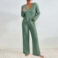 thumbnail image 1 of 2 Piece Knit Outfits for Women Loungewear Sweater Sets Long Sleeve V-Neck Tops and Wide Leg Pants Loose Casual Matching Set Green M, 1 of 8
