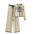 thumbnail image 1 of 2 Piece Knit Pants Sets for Women Dressy Bowknot Button Up Cardigan Sweater and Wide Leg Trouser Outfits Casual (One Size, Beige), 1 of 4